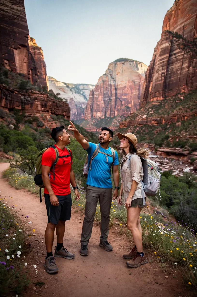 Hikers exploring a scenic trail in a vast desert national park featuring iconic red rock formations and clear blue skies.